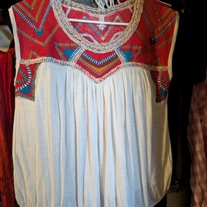 FP Movement by Free People Red and Blue Embroidered Blouse